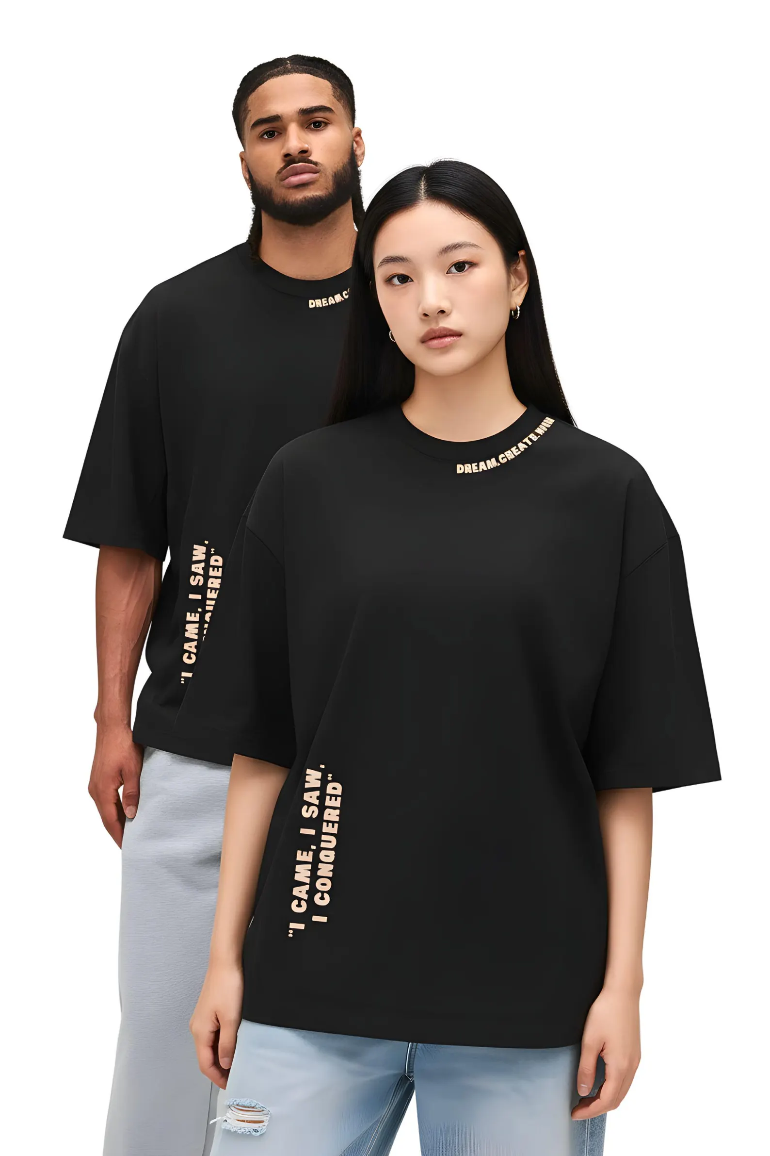 Oversized Drop Shoulder T-Shirt | Minimal Motivational Typography, Black Cotton Tee